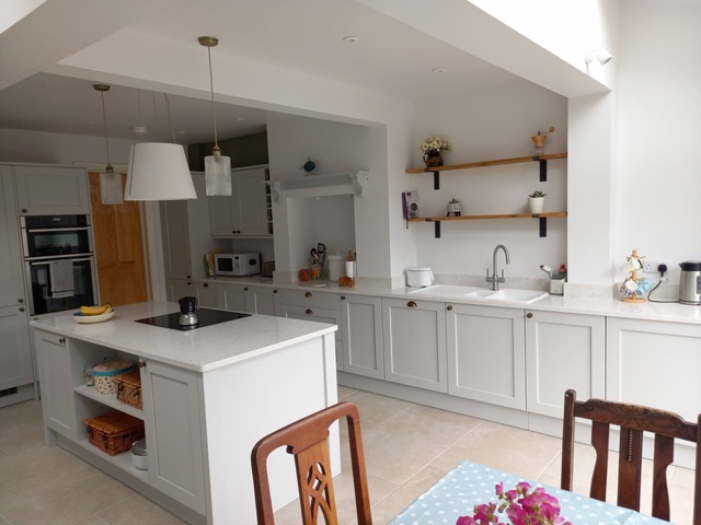 Full kitchen run with open shelving